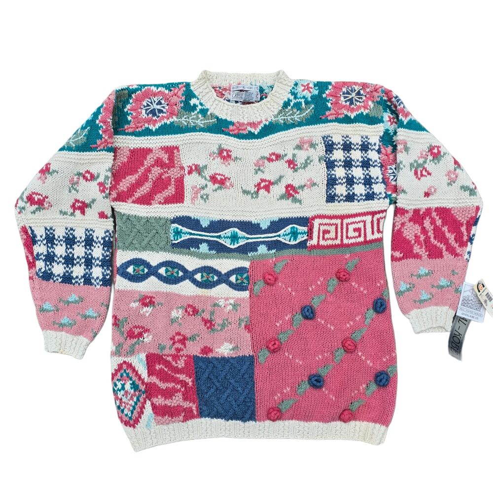 Crystal Kobe Patchwork Sweater Size Petite Med Pink Blue Beige Floral Vintage PM - Picture 9 of 9